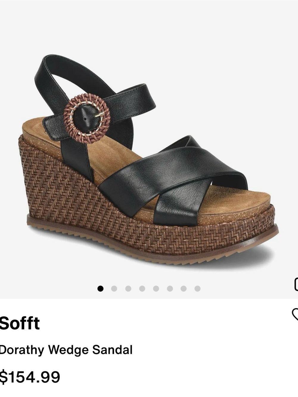 Sofft Black Leather Crossover Wedge Sandal with Brown Woven Platform